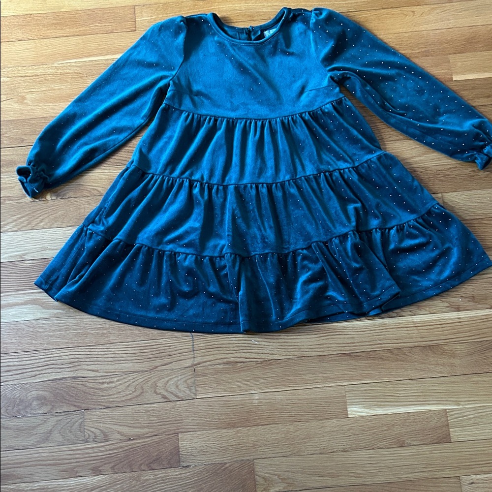 Tahari Green Velvet Long-Sleeve Tiered Dress with Gold? Dots